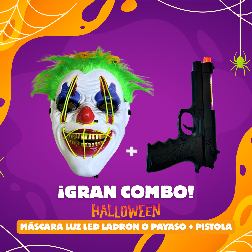GRAN COMBO Máscara Terrorífica Doble Luz LED + RIFLE