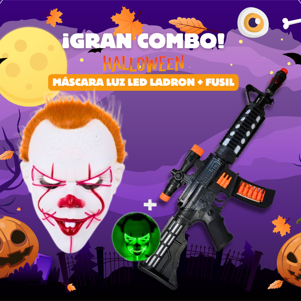 GRAN COMBO Máscara Terrorífica Doble Luz LED + RIFLE