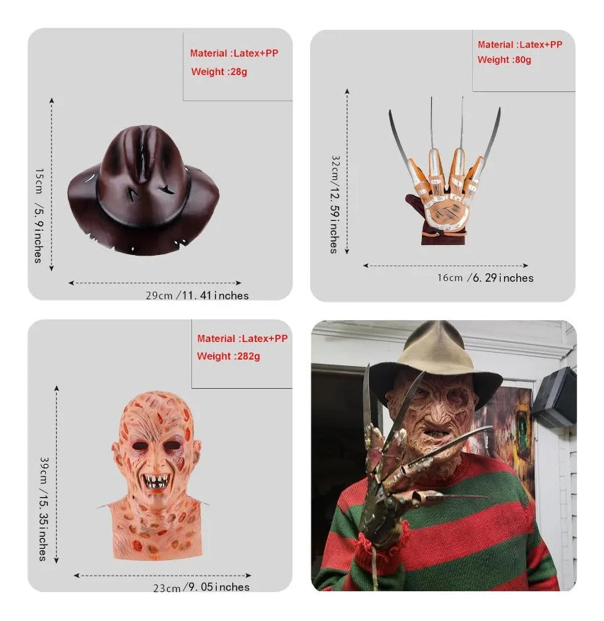 🩸 MEGA COMBO FREDDY KRUEGER – Máscara de Látex + Accesorios