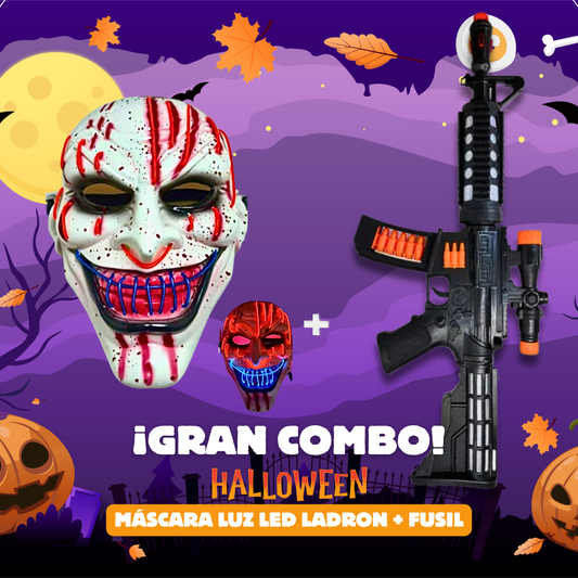 GRAN COMBO Máscara Terrorífica Doble Luz LED + RIFLE