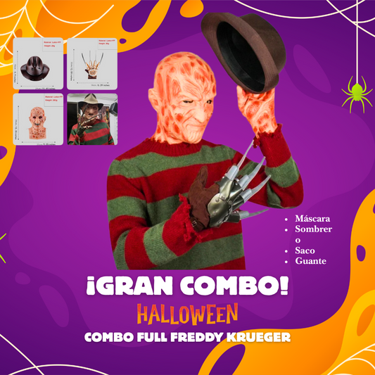 🩸 MEGA COMBO FREDDY KRUEGER – Máscara de Látex + Accesorios